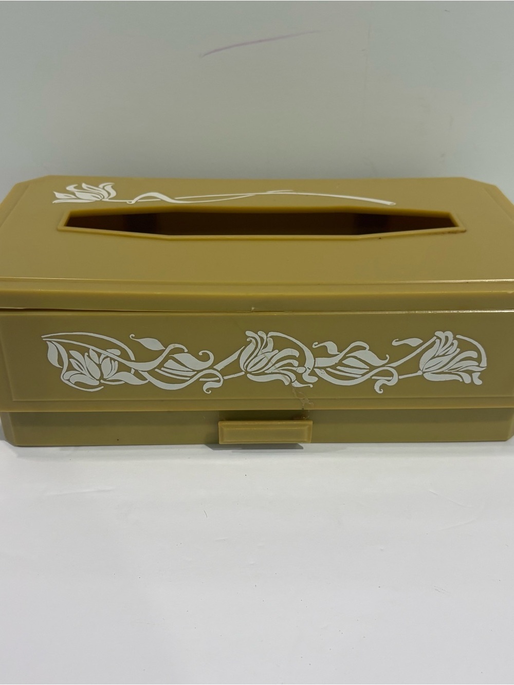 Vintage MCM Yellow Plastic Tissue Box Cover White Flowers With Drawer 70s Retro